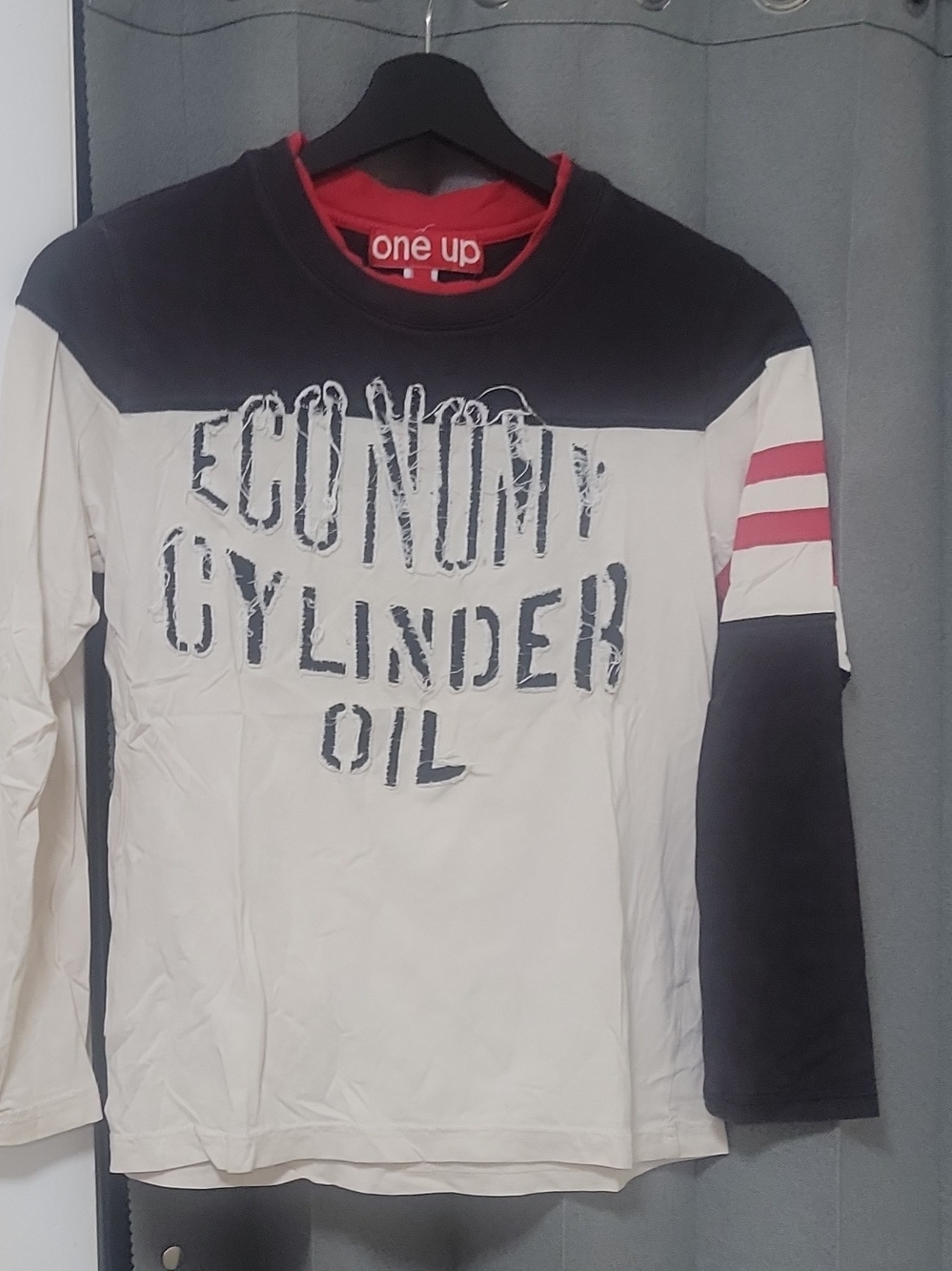 One Up Kids Long Sleeve Tee in Cream and Black with Red Accents